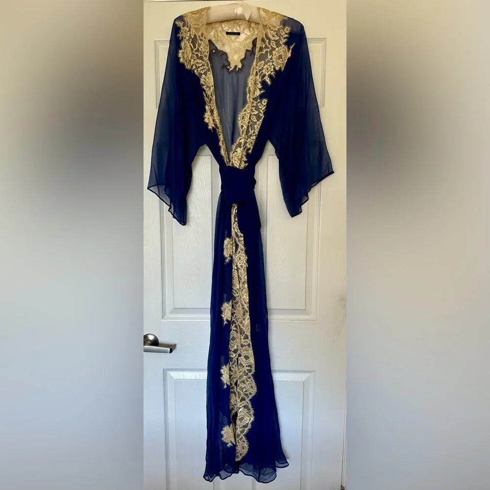 Rosamosario Italian 100% Cobalt Blue Silk Chiffon Long Robe “Riviera Bonjour” - Picture 1 of 14